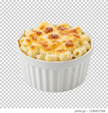 Delicious baked macaroni and cheese in a white ceramic ramekin bowl with a golden crispy crust 128002506