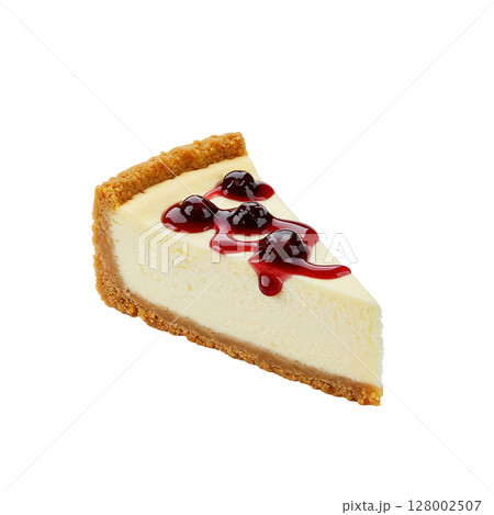 Sweet decadent cheesecake slice featuring luscious red berry topping and crisp golden crust 128002507