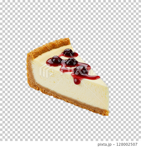Sweet decadent cheesecake slice featuring luscious red berry topping and crisp golden crust 128002507