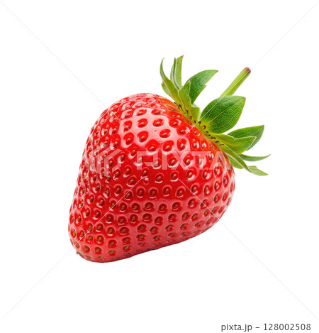 Vibrant red ripe fresh strawberry with green leaves, a juicy healthy summer fruit Vibrant red ripe fresh strawberry with green leaves, a juicy healthy summer fruit 128002508
