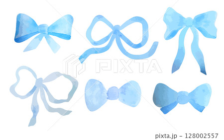 Watercolor Set of Blue Bows for Decoration 128002557