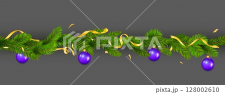 Festive pine tree garland with baubles and ribbons 128002610