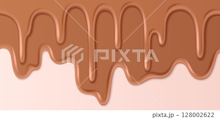 Melting milk chocolate drips flowing down Melting milk chocolate drips flowing down 128002622