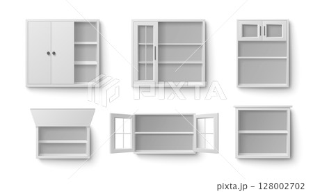 White kitchen cabinet set with open doors 128002702
