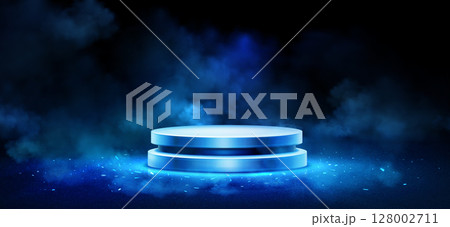 Blue glowing podium with smoke effects Blue glowing podium with smoke effects 128002711