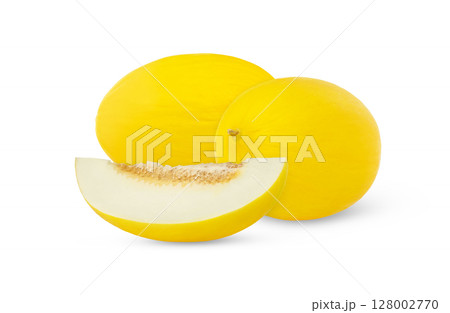 Ripe yellow honeydew melon and a slice isolated. Ripe yellow honeydew melon and a slice isolated. 128002770
