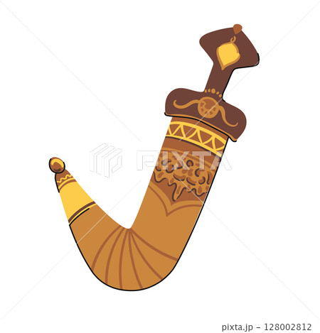 Yemeni Khanjar knife with a characteristic curved blade and leather sheath. Traditional element of men's costume in Oman. Vector Arabic jambiya dagger in sheath. Flat style. 128002812