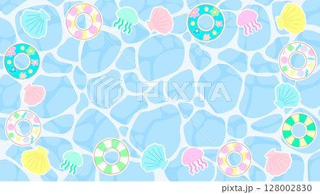 海の水面に浮き輪と貝殻とクラゲをあしらった夏のイメージのイラスト背景素材 128002830