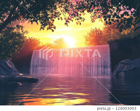 Serene Waterfall at Sunset: A Tranquil Escape 128003003