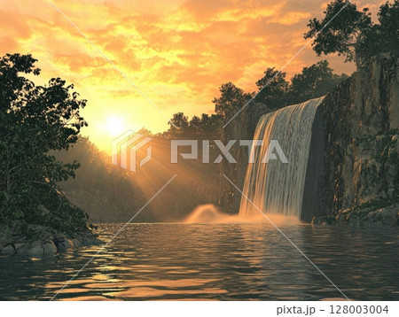 Golden Hour Waterfall: A Serene Sunset Landscape 128003004
