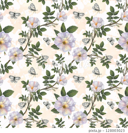 Flowers and branches with leaves rose hips and white butterfly apollo. Seamless pattern on a watercolor background for fabric, textile, prints, design  128003023
