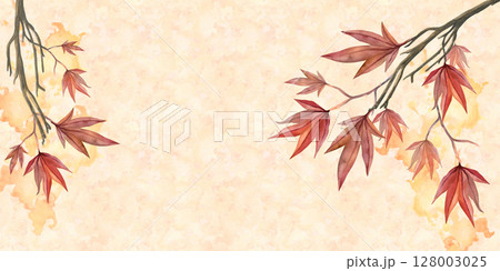 Vibrant red leaves of a japanese maple tree branch close-up art minimalist aesthetic. Watercolor illustration on the background of splashes Vibrant red leaves of a japanese maple tree branch close-up art minimalist aesthetic. Watercolor illustration on the background of splashes 128003025