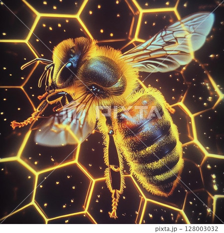 Golden Bee on a Honeycomb - A Glimpse into Nature's Symphony 128003032