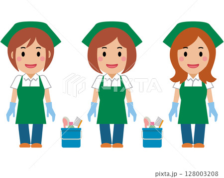 両手を下ろし、笑顔の緑エプロンの女性清掃員 両手を下ろし、笑顔の緑エプロンの女性清掃員 128003208