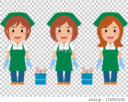 両手を下ろし、笑顔の緑エプロンの女性清掃員 両手を下ろし、笑顔の緑エプロンの女性清掃員 128003208