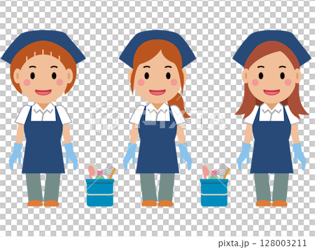 両手を下ろし、笑顔の紺色エプロンの女性清掃員。その2 両手を下ろし、笑顔の紺色エプロンの女性清掃員。その2 128003211