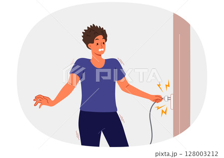 Man receives electric shock when inserts plug into socket, due to breakdown of electrical equipment 128003212
