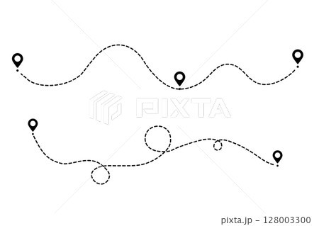 Vector icon of line path for a travel journey or trip by gps, showing location and distance in a destination point background. 128003300