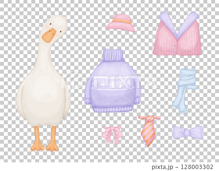 Cute silly watercolor goose and clothes constructor, children illustration isolated on a white background, funny art for baby 128003302