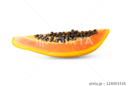 Slice of ripe yellow papaya fruit with seeds isolated. Slice of ripe yellow papaya fruit with seeds isolated. 128003336