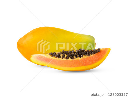 Ripe papaya fruits isolated. Whole papaya fruit a slice with seeds. Ripe papaya fruits isolated. Whole papaya fruit a slice with seeds. 128003337