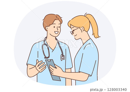 Man and woman work as doctors surgeons in hospital and build career in field of medicine 128003340