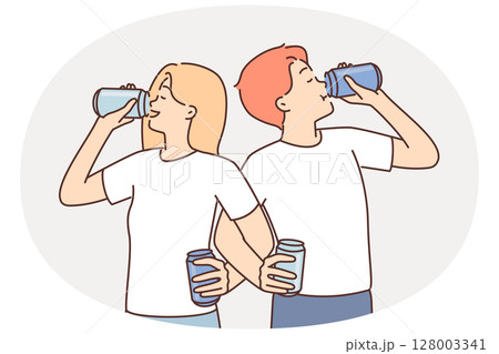 Couple of man and woman cross their arms drinking soda competing in speed of using soft drink 128003341