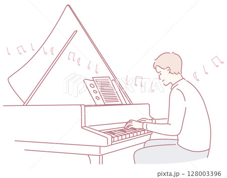 A Young Pianist Skillfully Playing a Beautiful Grand Piano Surrounded by Musical Notes 128003396