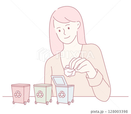 Woman Engaging in Recycling Activities Sorting Various Types of Waste into Appropriate Bins 128003398