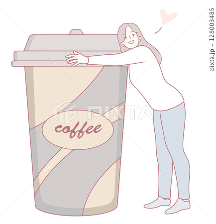 A Coffee Lover Embracing a Massive and Fun Giant Coffee Cup Illustration for Enthusiasts A Coffee Lover Embracing a Massive and Fun Giant Coffee Cup Illustration for Enthusiasts 128003485