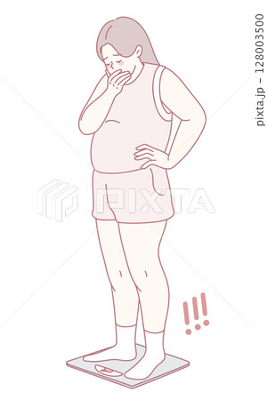 A woman seems surprised while weighing herself, showing emotions of shock and concern 128003500