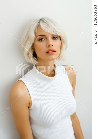 fashionable blonde girl in white wool turtleneck. pretty young woman 128003563
