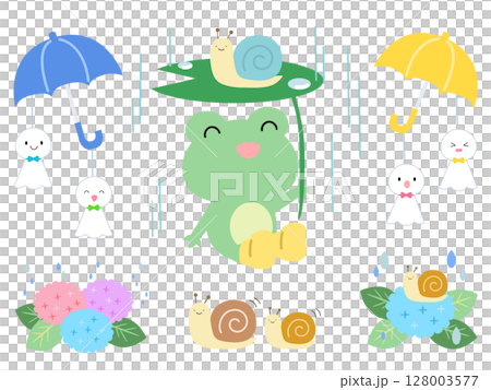 雨季插圖集：青蛙、蝸牛、雨傘、雨、繡球花、向量插圖 128003577