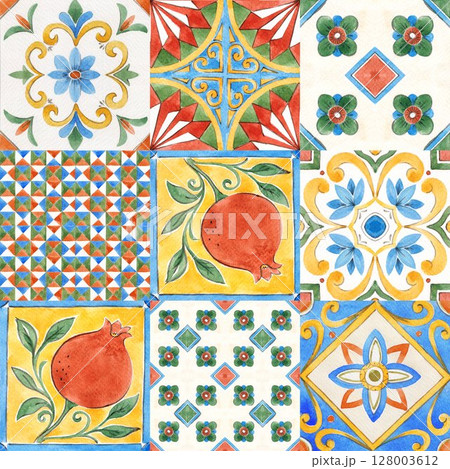 Seamless tile collage with watercolor pomegranate and geometric Mediterranean elements. Great for textiles, wall art, packaging and kitchen design 128003612