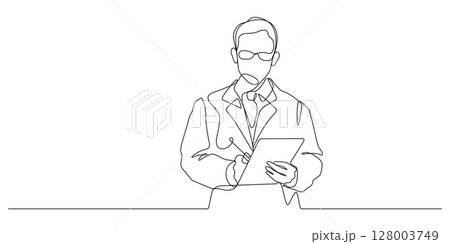 doctor in hospital gown using digital tablet one line drawing 128003749