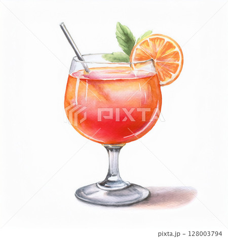 【水彩画 AI生成画像】フルーツ 柑橘類 オレンジ ノンアルコール 飲み物 ドリンク 白背景  128003794