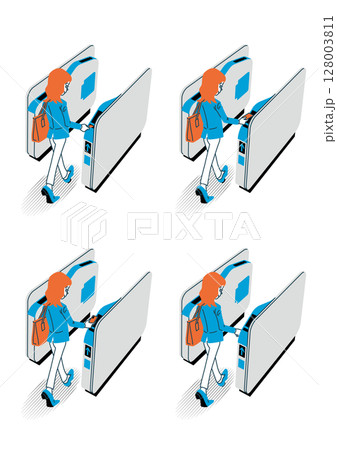 自動改札を通る女性 128003811