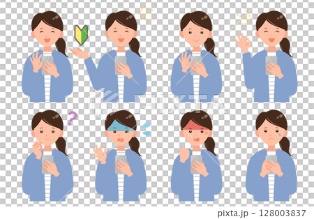 Set of 8 illustrations of a woman holding a smartphone Set of 8 illustrations of a woman holding a smartphone 128003837