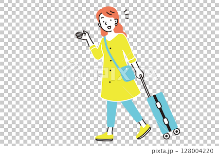 一位女士帶著行李箱旅行的側視圖 一位女士帶著行李箱旅行的側視圖 128004220