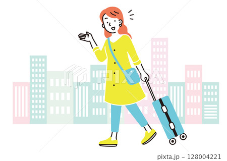 キャリーケースを持って旅行する女性とビルのイラスト キャリーケースを持って旅行する女性とビルのイラスト 128004221