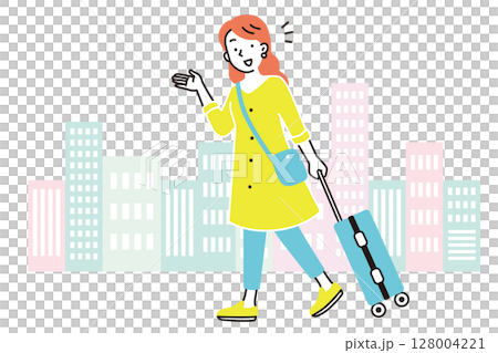 一位女士帶著手提箱和一棟建築旅行的插圖 一位女士帶著手提箱和一棟建築旅行的插圖 128004221