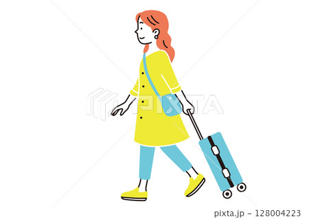 キャリーケースを持って旅行する女性の横から見たイラスト キャリーケースを持って旅行する女性の横から見たイラスト 128004223