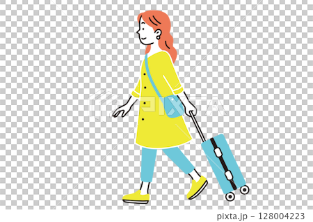 キャリーケースを持って旅行する女性の横から見たイラスト キャリーケースを持って旅行する女性の横から見たイラスト 128004223