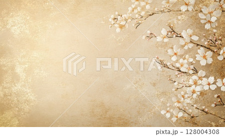 金色の和風背景に咲く桜の花の高級感あるイラスト 128004308