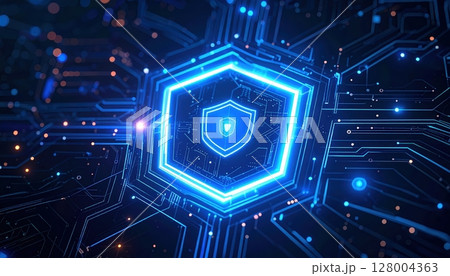 Futuristic digital security shield icon in neon blue with cybersecurity network background symbolizing data protection and digital safety concepts 128004363