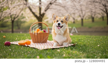 Cute corgi dog enjoying a picnic on the grass in a spring park with cherry blossom trees Cute corgi dog enjoying a picnic on the grass in a spring park with cherry blossom trees 128004491