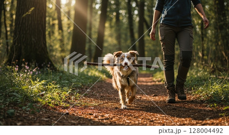 Happy australian shepherd dog walking with its owner in a sunny forest carrying a big stick 128004492