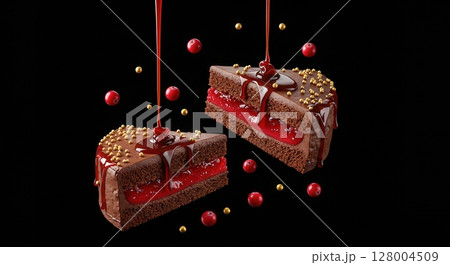 Flying chocolate cake slices with berry jam pouring sauce cranberries and golden sprinkles 128004509