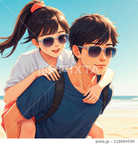 浜辺でサングラスを掛けおんぶしてるカップル 浜辺でサングラスを掛けおんぶしてるカップル 128004599