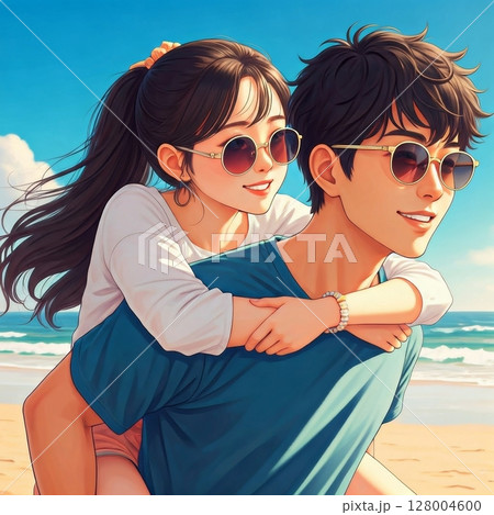 浜辺でサングラスを掛けおんぶしてるカップル 128004600